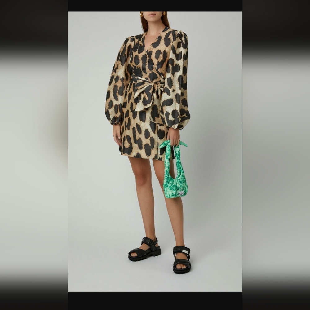 GANNI Silk Linen Leopard Wrap Dress